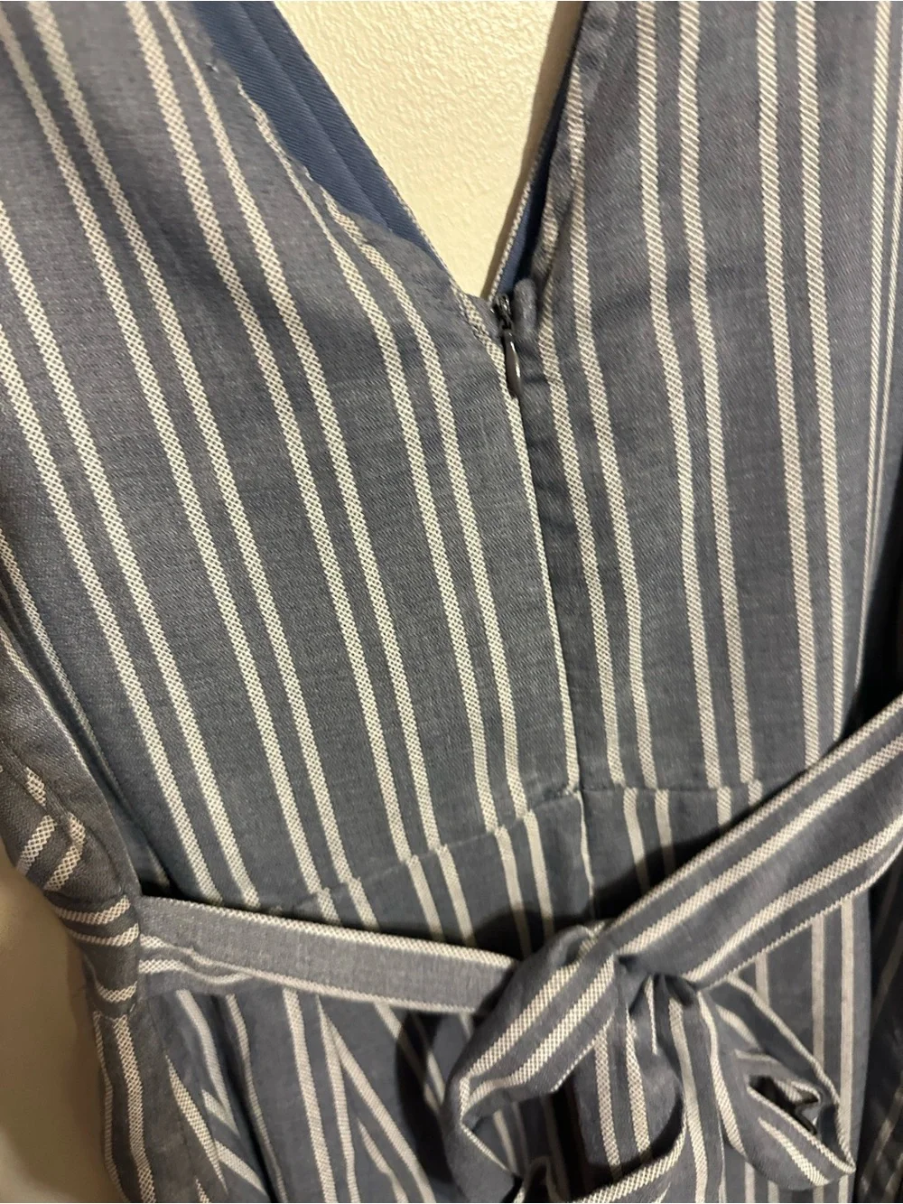 She + Sky Blue and White Striped V-Neck Mini Dress